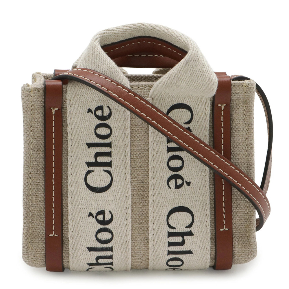 Chloe Woody Tote Bag Shoulder Canvas Leather Beige Cream Brown